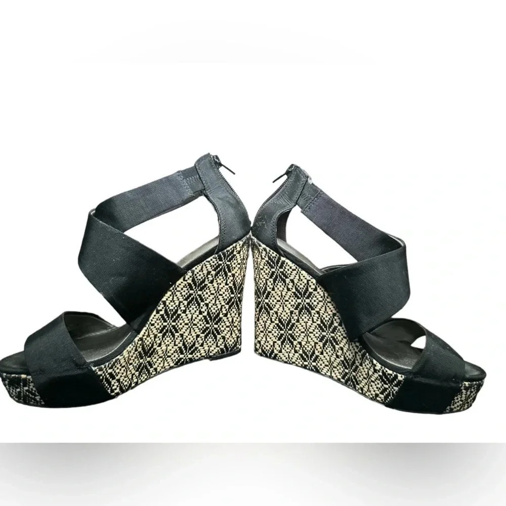 Audrey Brooke black cross strap wedge with patterned 5 in heel